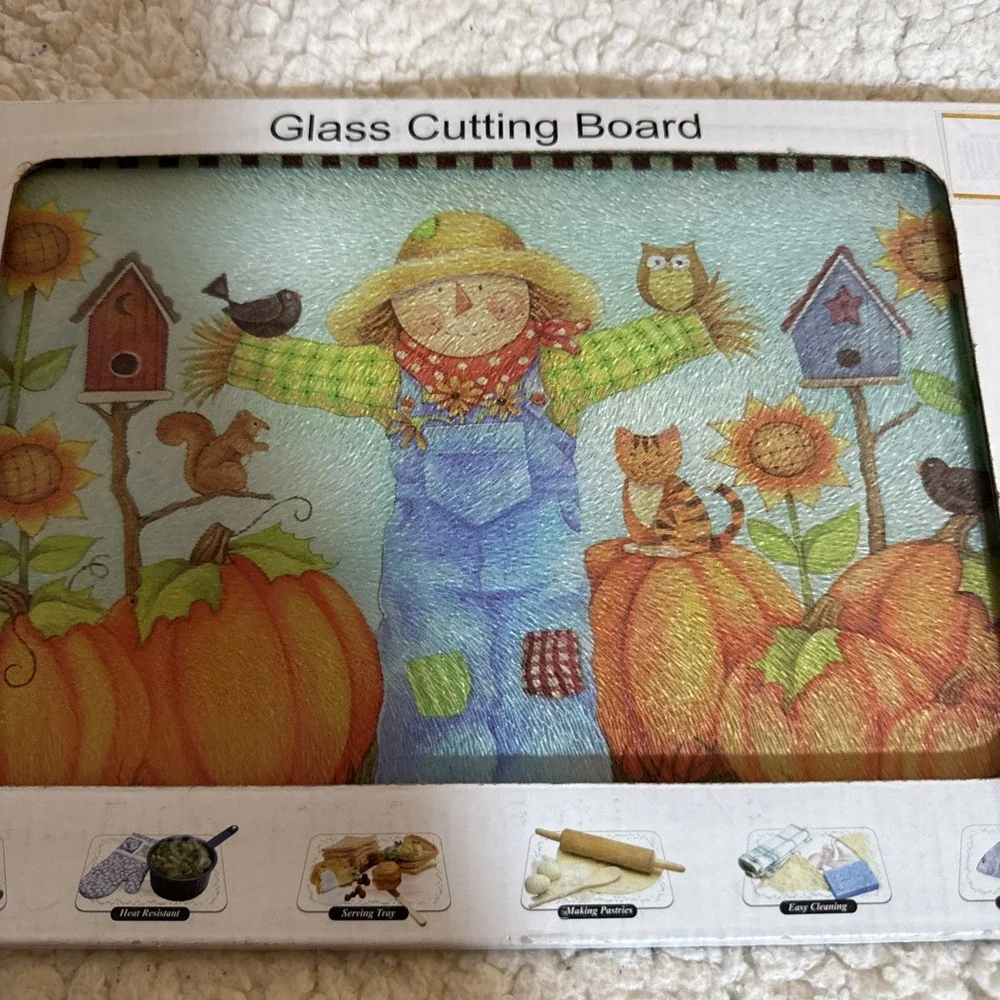 Glass Cutting Board Scarecrow Pumpkins Fall 12